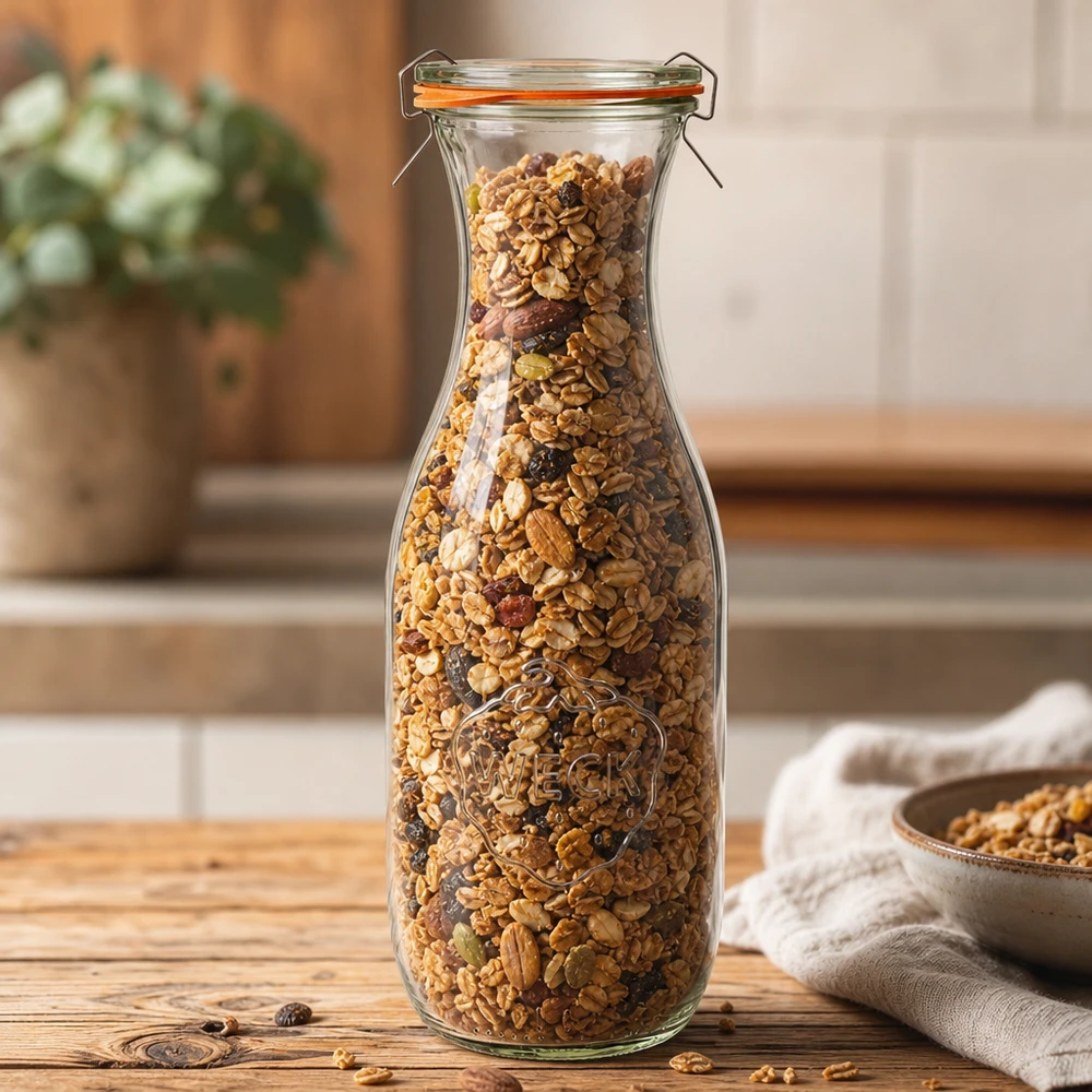 WECK Saftflasche 1062ml RR60 mit Müsli Nüssen gefüllt als Vorratsglas in warmer Küchenatmosphäre präsentiert