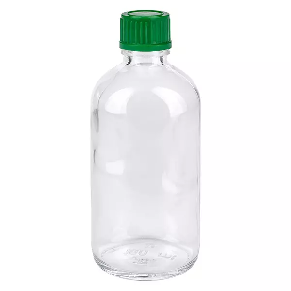 Kleine Glasflasche 100ml transparent grüner Deckel Pharma Verpackung ClearLine