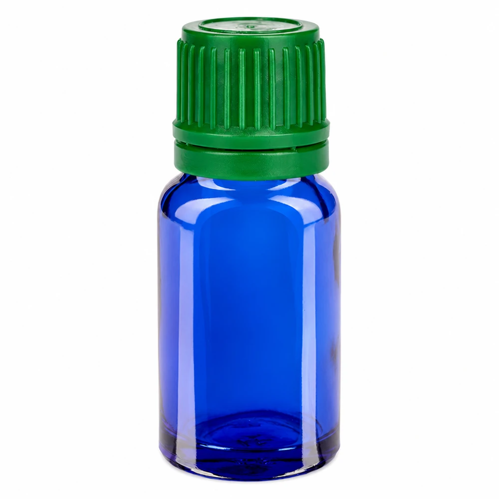 10ml Flasche 11mm Schraubverschluss grün Originalitätsverschluss BlueLine UT18/10 Zylindrische 10ml Glasflasche blau mit geripptem grünem Verschluss SV-System