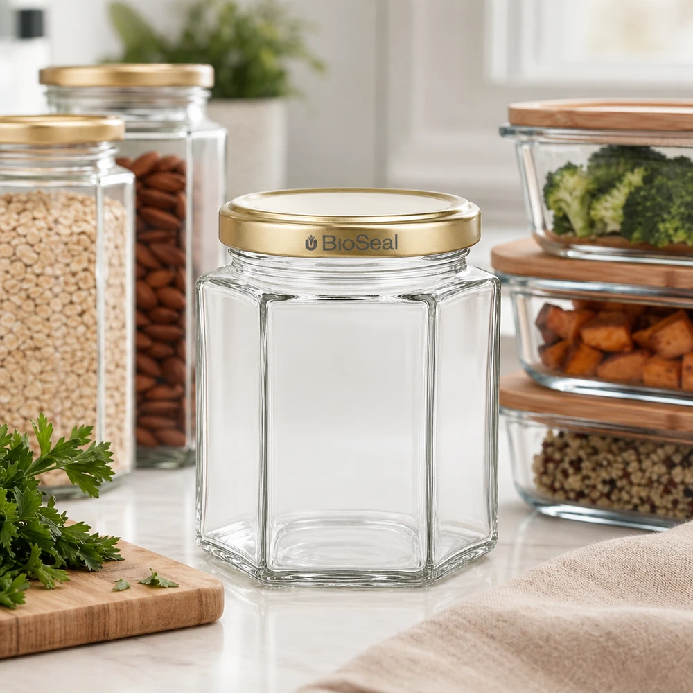250g Honigglas sechseckig leer BioSeal Golddeckel moderne Küche mit Vorratsgläsern Nüssen Gemüse Kräutern