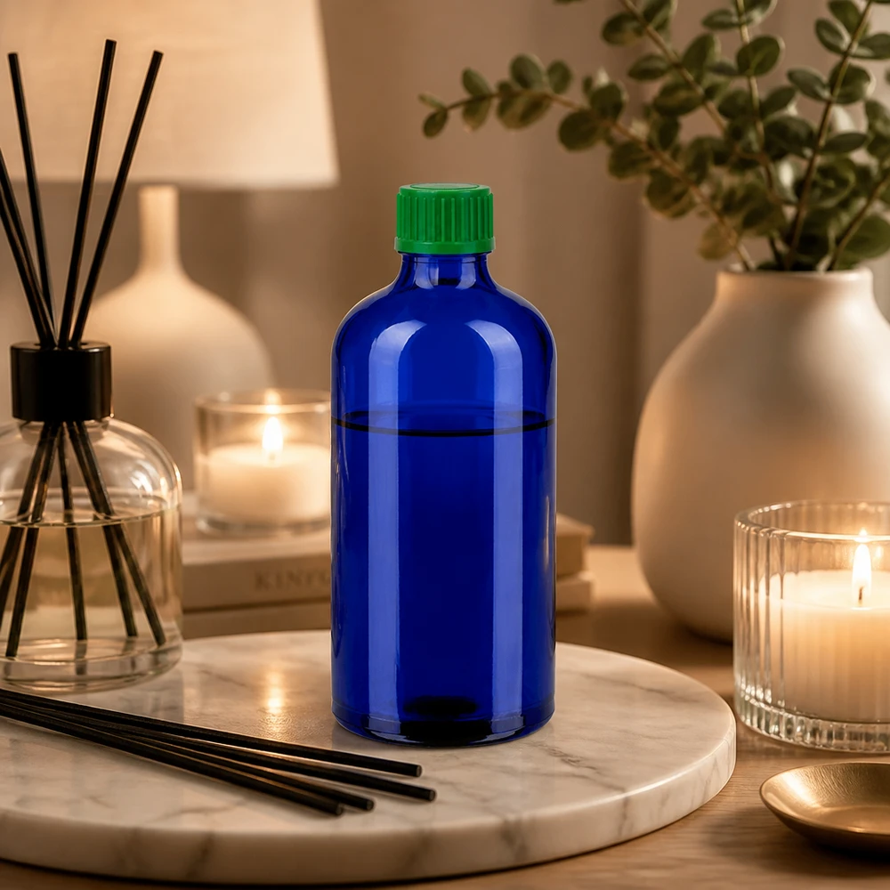 Vielseitige BlueLine Tropfflasche 100ml aus UV-schützendem blauen Glas mit 0.8mm Tropfgenauigkeit