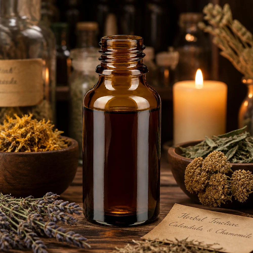 30ml braune Apothekenflasche ApoGlas mit Kräutertinktur zwischen Calendula Kamille und brennender Kerze