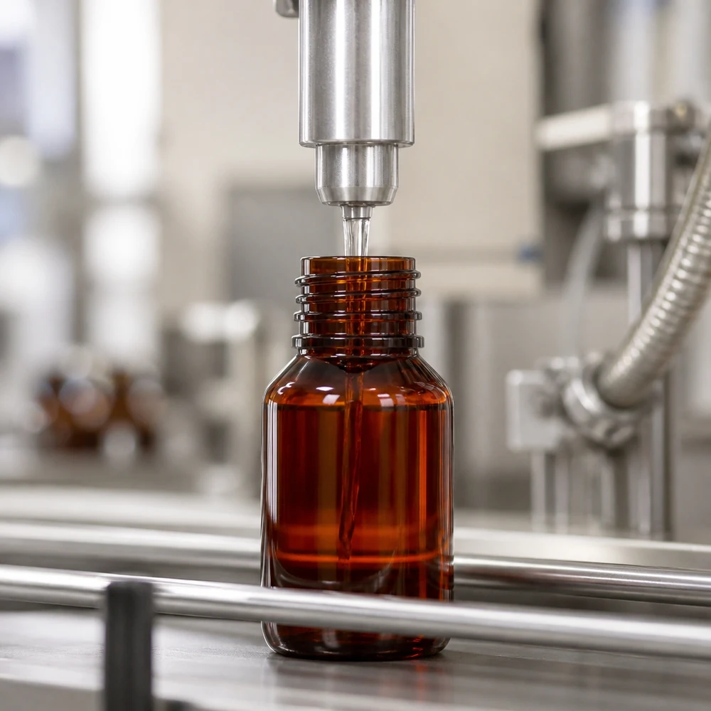 Serienproduktion 50ml PET Flasche mit grünem Originalverschluss auf Förderband einer Abfüllmaschine