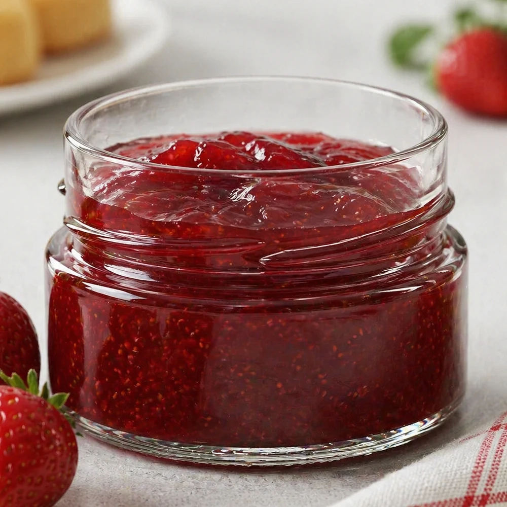 80ml Rundglas ohne Deckel (TO58deep) UNiTWIST UNiTWIST Runda80 Rundglas 80ml mit roter Erdbeermarmelade gefüllt, TO58deep Deckel, Marmeladenglas aus Glas