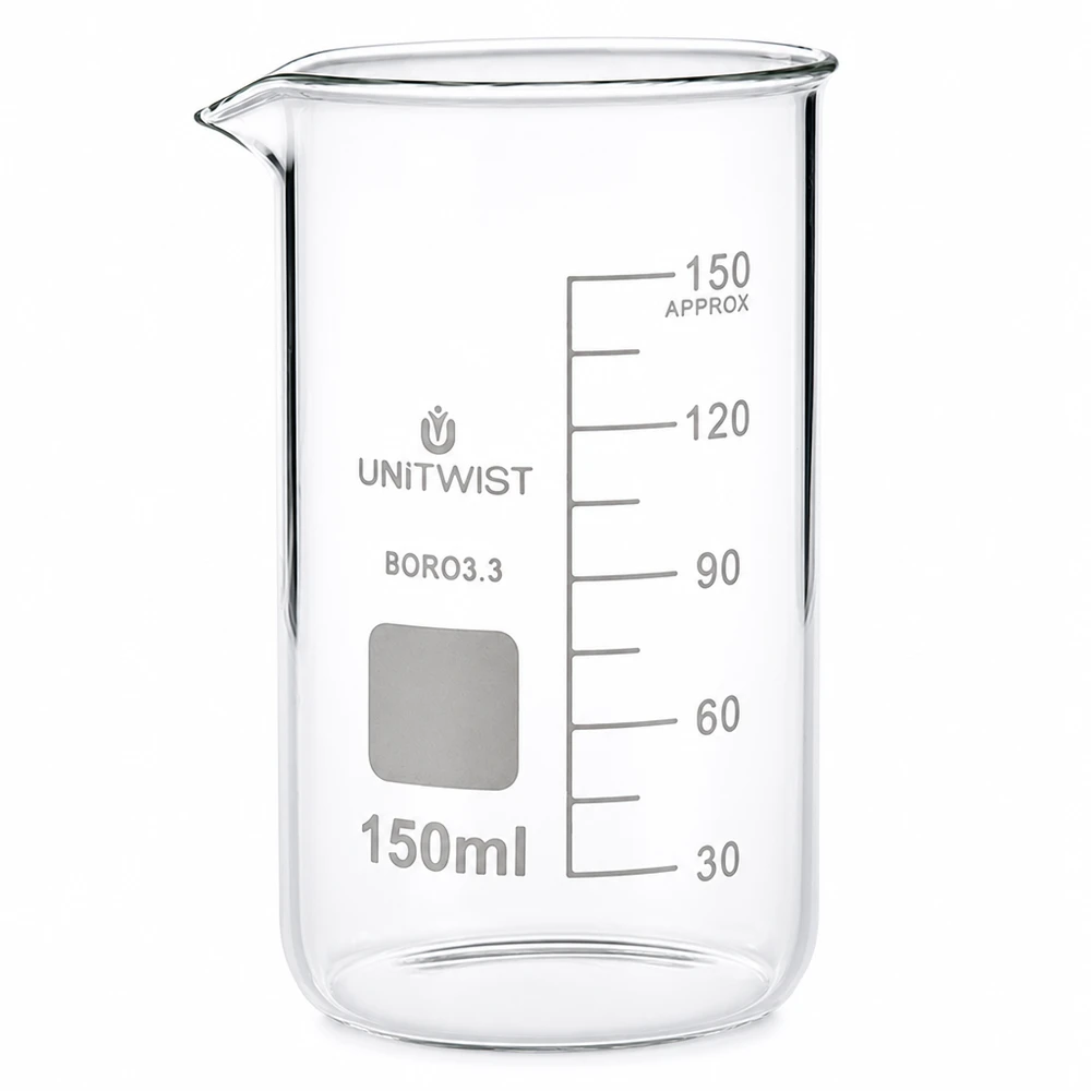 Becherglas 150ml Borosilikat, hohe Form UNiTWIST Messbecherglas 150ml hohe Form UNITWIST Borosilikat mit weißer Skala und Ausgießer