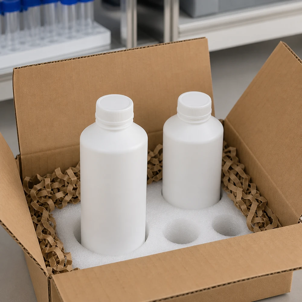 Apothekenflaschen HDPE 100ml weiß in Karton mit Schaumstoffeinsatz und Papierfüllung für Laborbedarf