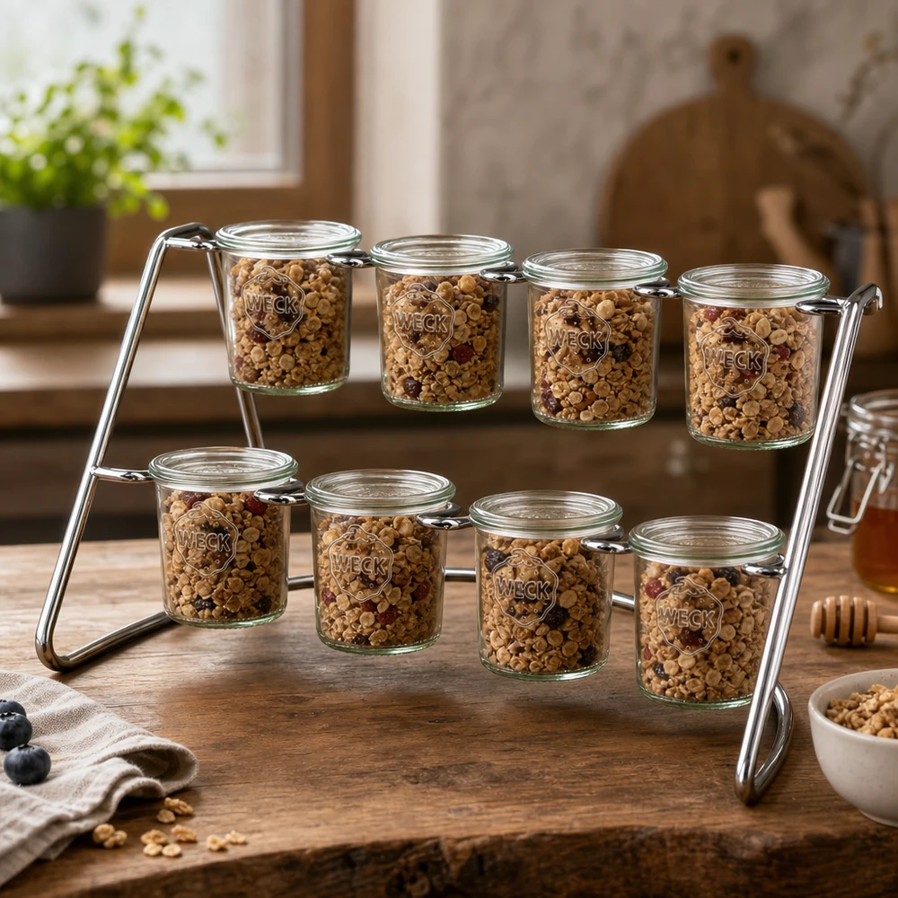 Serviergestell Flato8 für 8 WECK Sturzgläser WECK Serviergestell Flato8 mit Müsli und Nüssen gefüllt zeigt praktische Küchenorganisation auf Holztisch