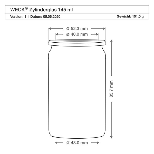 145ml Zylinderglas mit Glasdeckel WECK RR40 WECK Zylinderglas 145ml RR40 technische Zeichnung mit Maßangaben Durchmesser 48mm Höhe 85,7mm Gewicht 101g