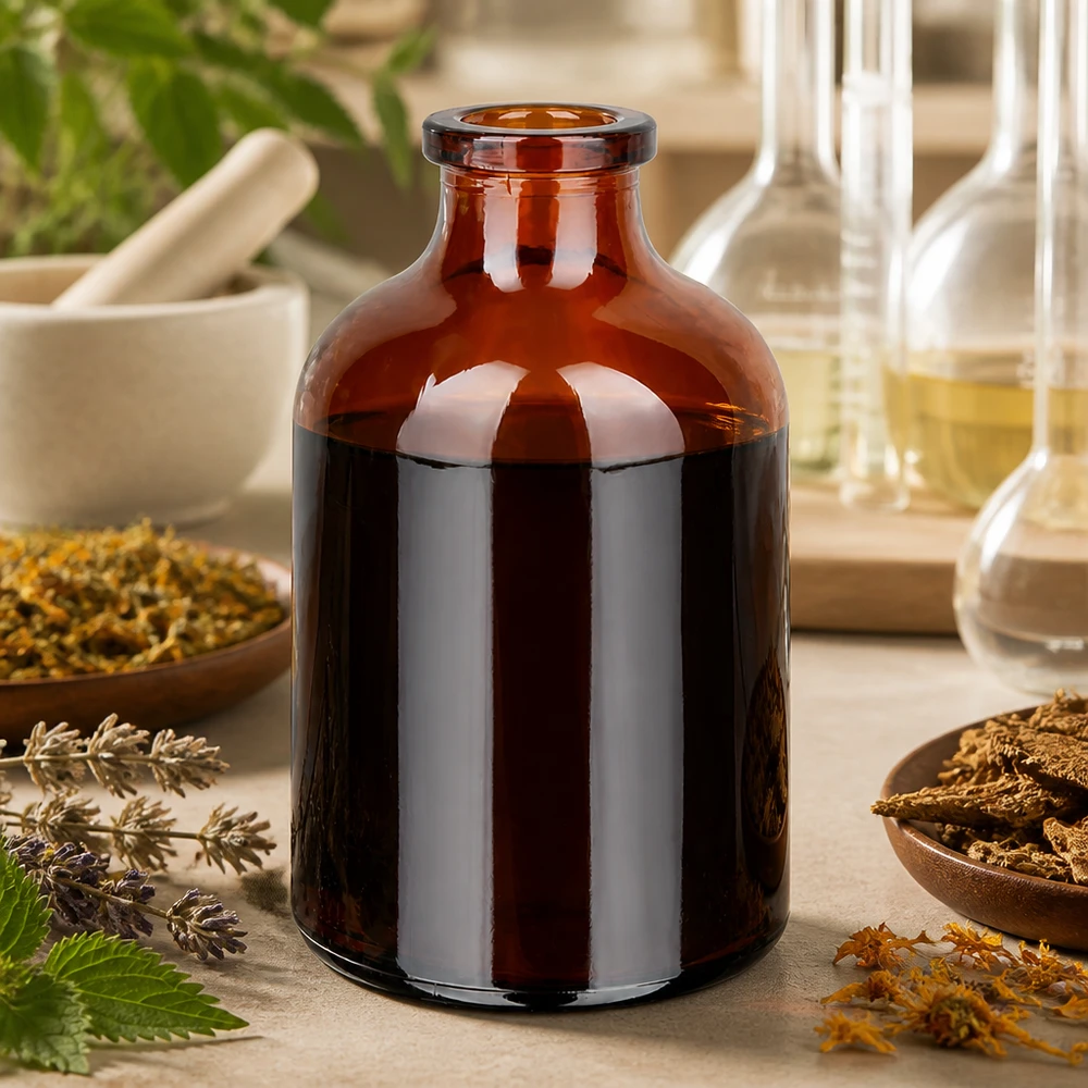 Braunglas Injektionsflasche 50ml für pflanzliche Extrakte mit Kräutern und Laborgeräten im Hintergrund