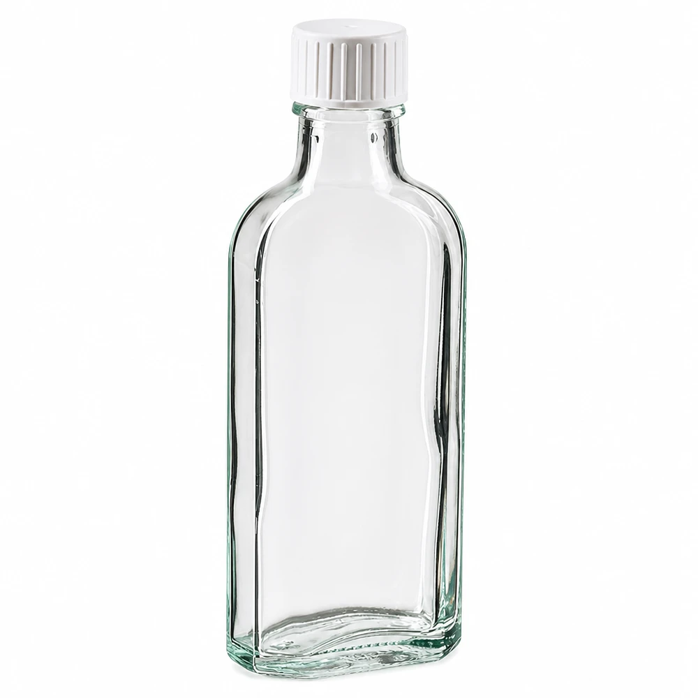 100 ml Meplat klar Schraubverschluss mit Giessring 100ml Meplat Flasche aus klarem Glas mit Gießring ideal für Flüssigkeiten
