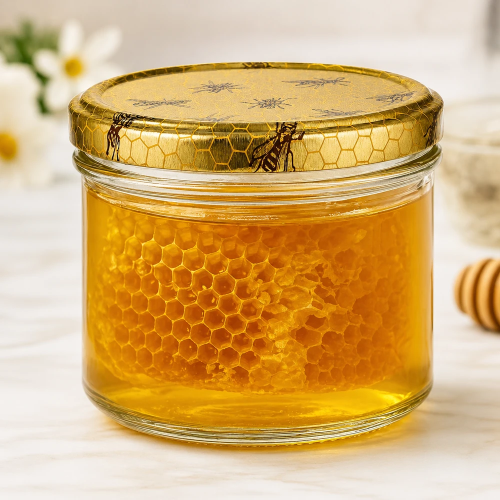 Gefülltes 250g Honigglas mit echter Bienenwabe und dekorativem Deckel zeigt goldenen Honig im Glas