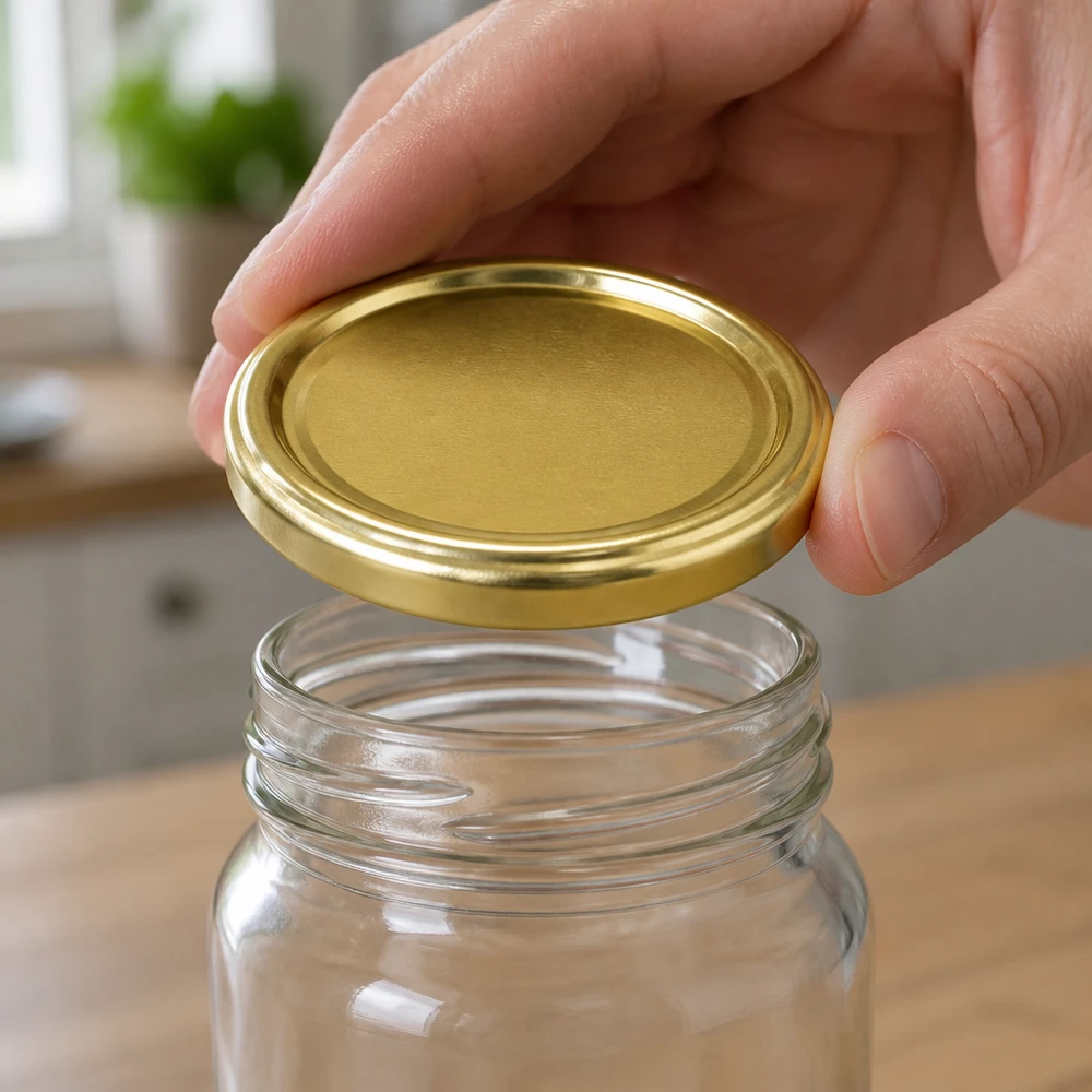 UNiTWIST TO43 gold, BioSeal, BPA-NI, unitemp Einmachglas wird mit goldenem UNiTWIST Deckel TO43 BioSeal BPA-NI unitemp verschlossen