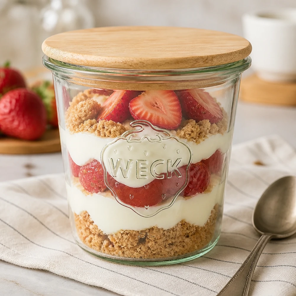580ml Sturzglas WECK RR100 mit Holzdeckel WECK Sturzglas 580ml als Dessertschale mit Erdbeeren und Kekskrümeln, Holzdeckel verschlossen auf Küchentisch