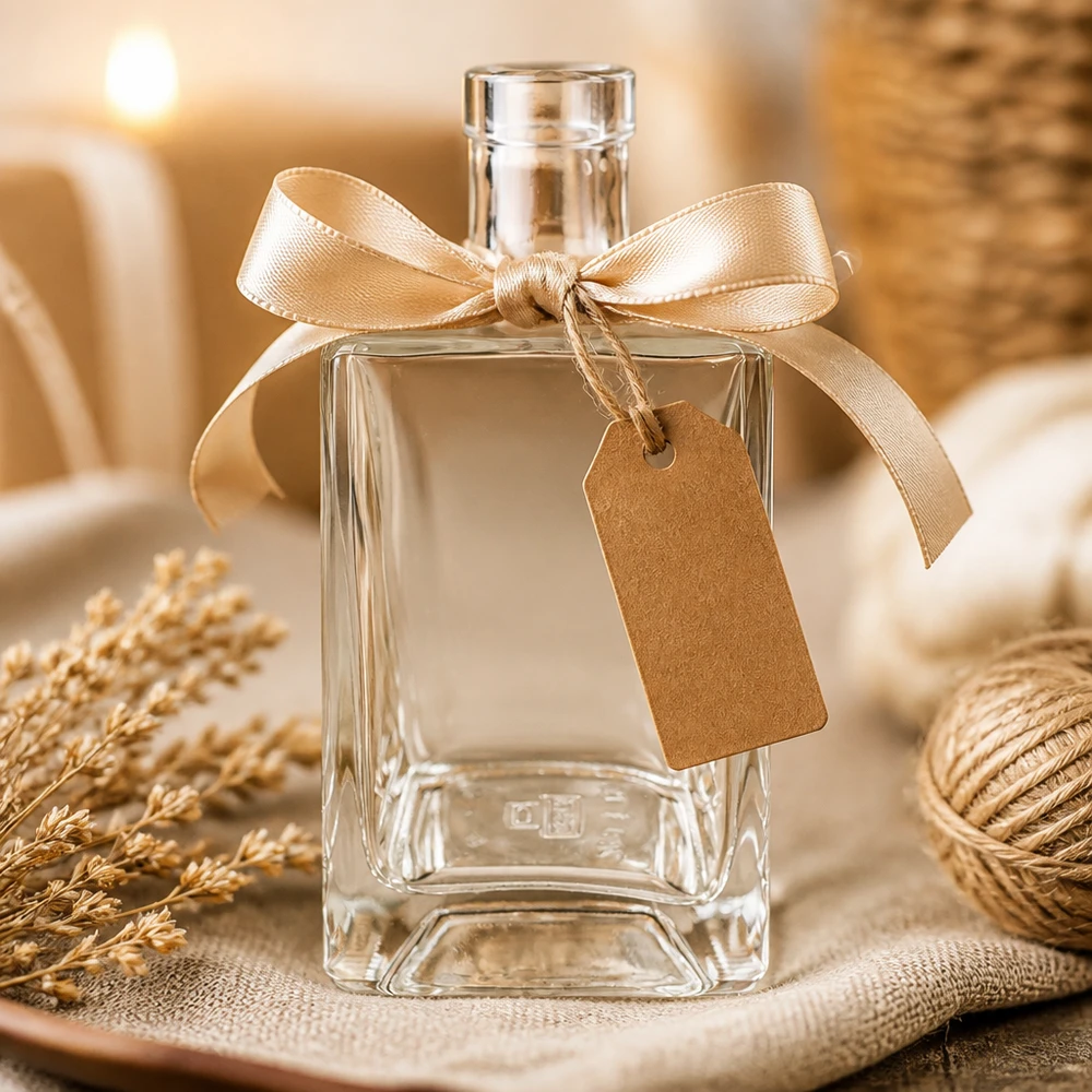 700ml Glasflasche Ben dekorativ mit goldener Schleife und Geschenkanhänger als Präsentidee inszeniert