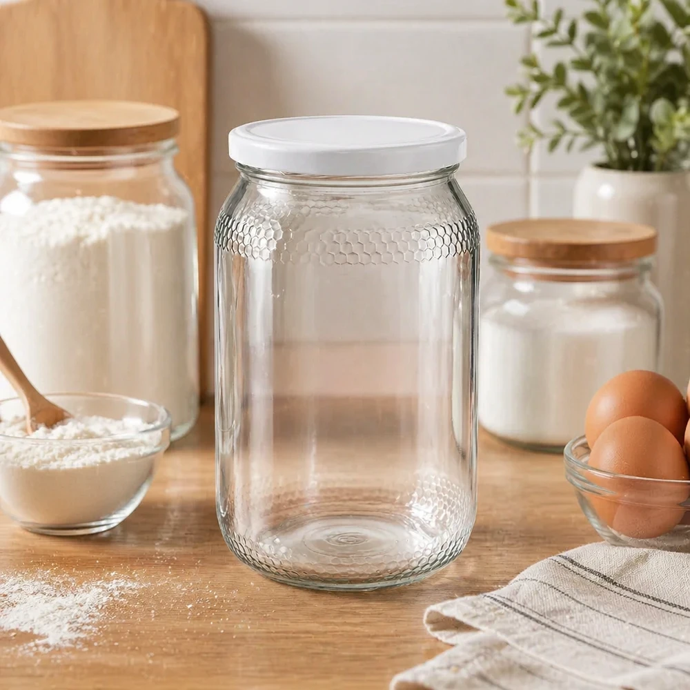 1260g Honigglas + BasicSeal Deckel weiß UNiTWIST Honigglas 900ml leer in Küchenambiente mit Backzutaten Mehl Eier zeigt praktische Aufbewahrung BasicSeal Deckel