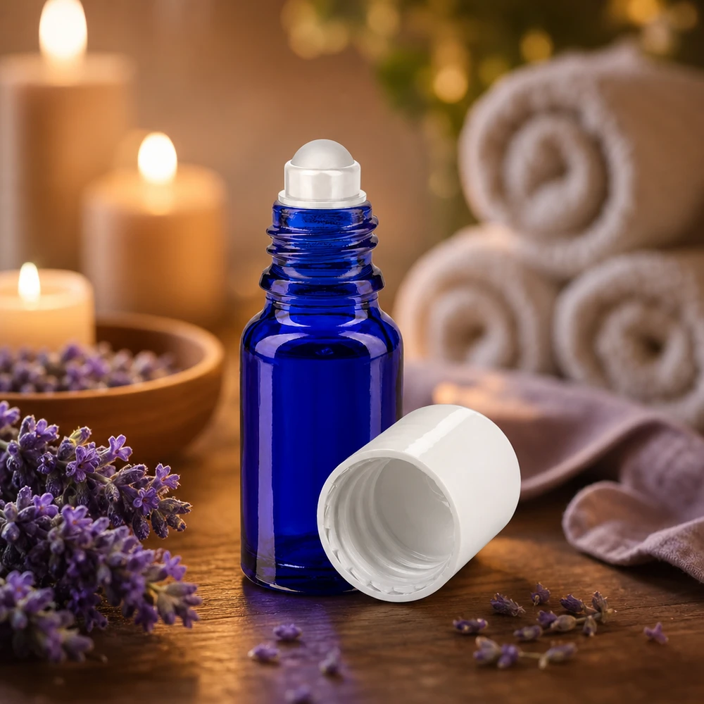 Apothekenflasche blau 10ml Roll-On Verschluss weiß 10ml Roll-On Applikator aus kobaltblauem Apothekerglas mit weißer Kappe im Wellness-Setting