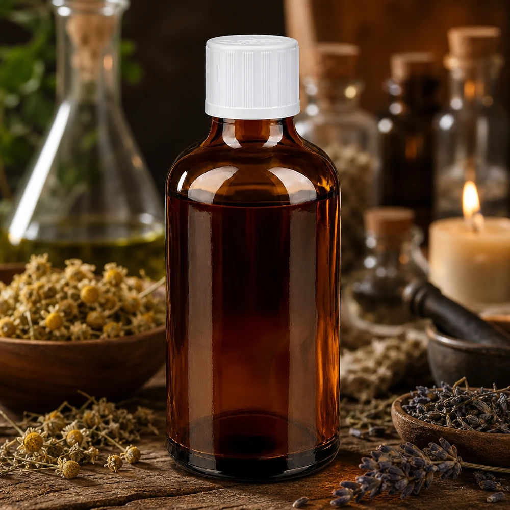 Apothekenflasche braun 50ml Schraubverschluss weiß Kindersicherung Standard Braunglasflasche 50ml mit weißem Schraubverschluss neben Mörser Lavendel und Kerzenlicht