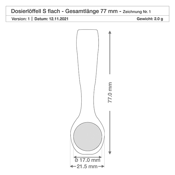 Holzschaufel Grösse S Löffelform - 77mm lang Detaillierte Maßzeichnung kleine Holzschaufel 77mm Länge 21,5mm Breite 17mm Löffeldurchmesser technische Spezifikation
