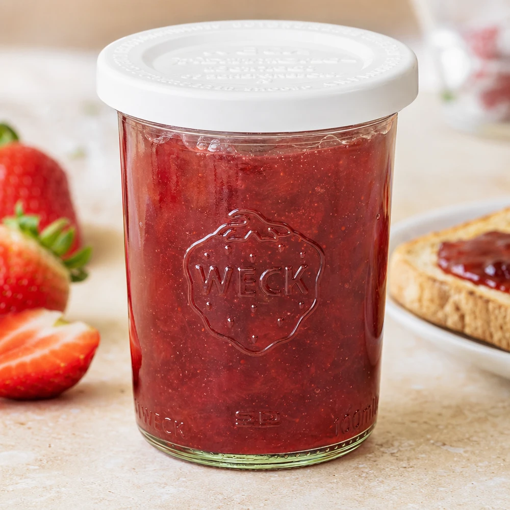 160ml Sturzglas mit Frischedeckel WECK RR60 WECK Einmachglas 160ml mit Erdbeermarmelade und weißem Frischedeckel, daneben frische Erdbeeren und Brot mit Marmelade