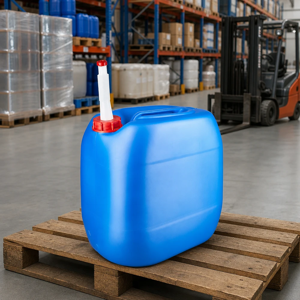 Kanister 30 Liter blau mit Auslaufrohr Flex Tragbarer Vorratsbehälter 30L blau mit rotem Schraubverschluss und Flex-Auslaufrohr auf Palette