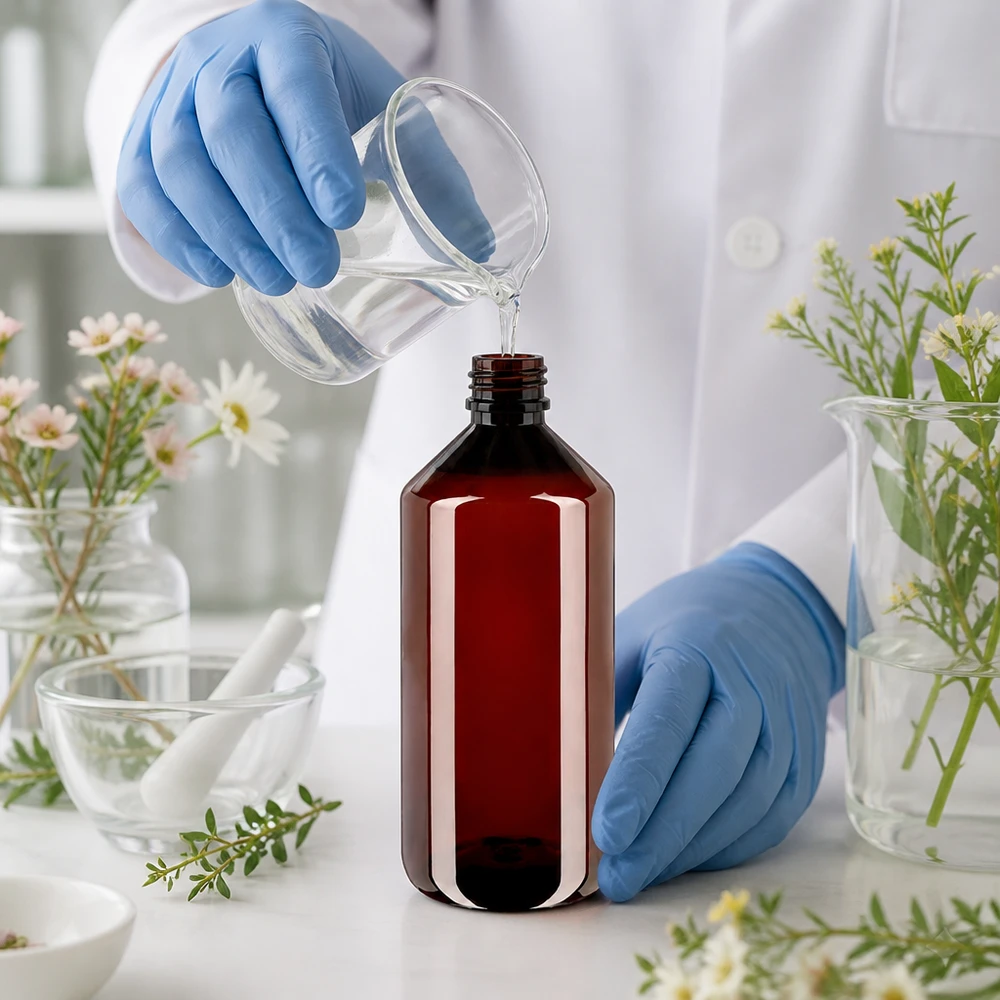 PET Weithalsflasche 1000ml braun mit weißem geriefeltem Verschluss im Kräuterlabor