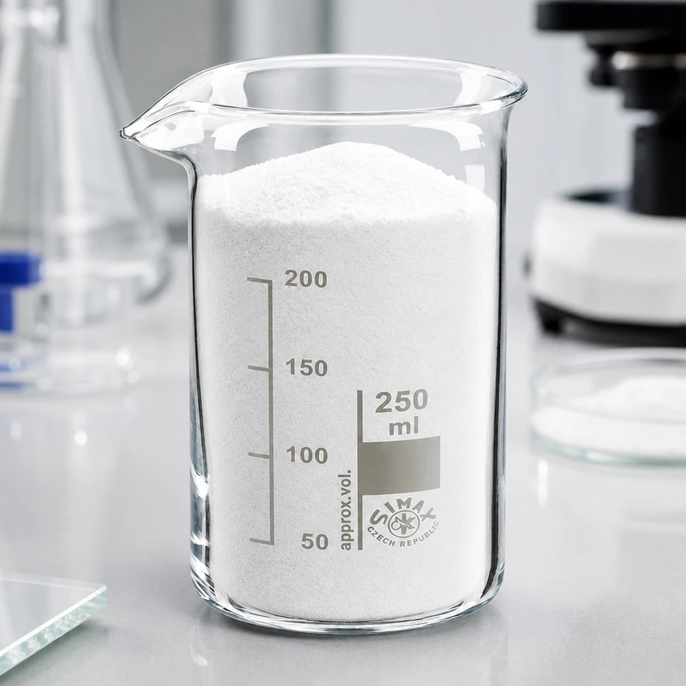 Becherglas 250ml Borosilikatglas, hohe Form Becherglas 250ml hohe Form Borosilikatglas mit Pulverfüllung im professionellen Laborumfeld