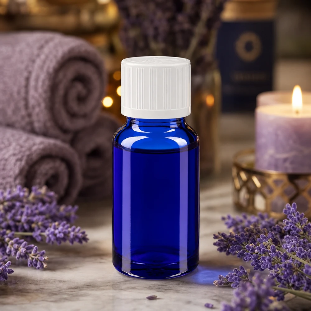 Royalblaue Miniaturglasflasche 10ml mit weißem Sicherheitsverschluss und Dosiereinsatz