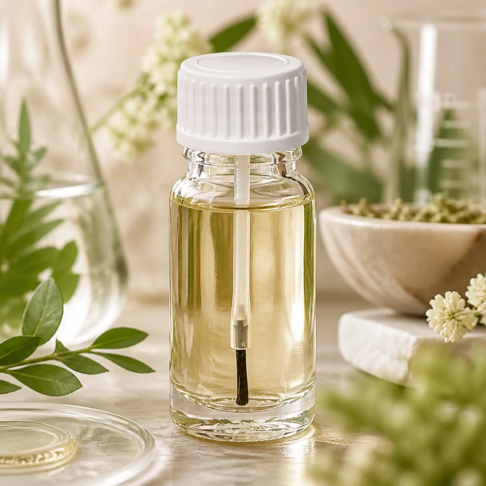 UT18/10 Glasflakon 10ml weißer Schraubpinsel befüllt mit gelblichem Öl auf hellem Naturhintergrund
