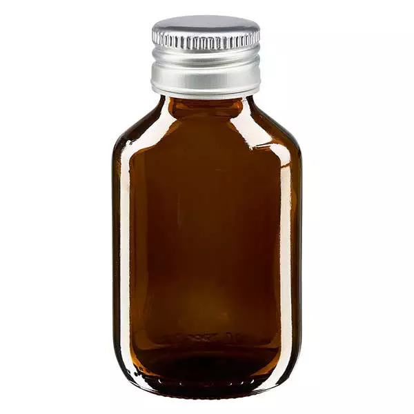 100ml Medizinflasche braun, mit Verschluss silber Aluminium ApoGlas 100ml Medizinflasche braun, mit Verschluss silber Aluminium ApoGlas