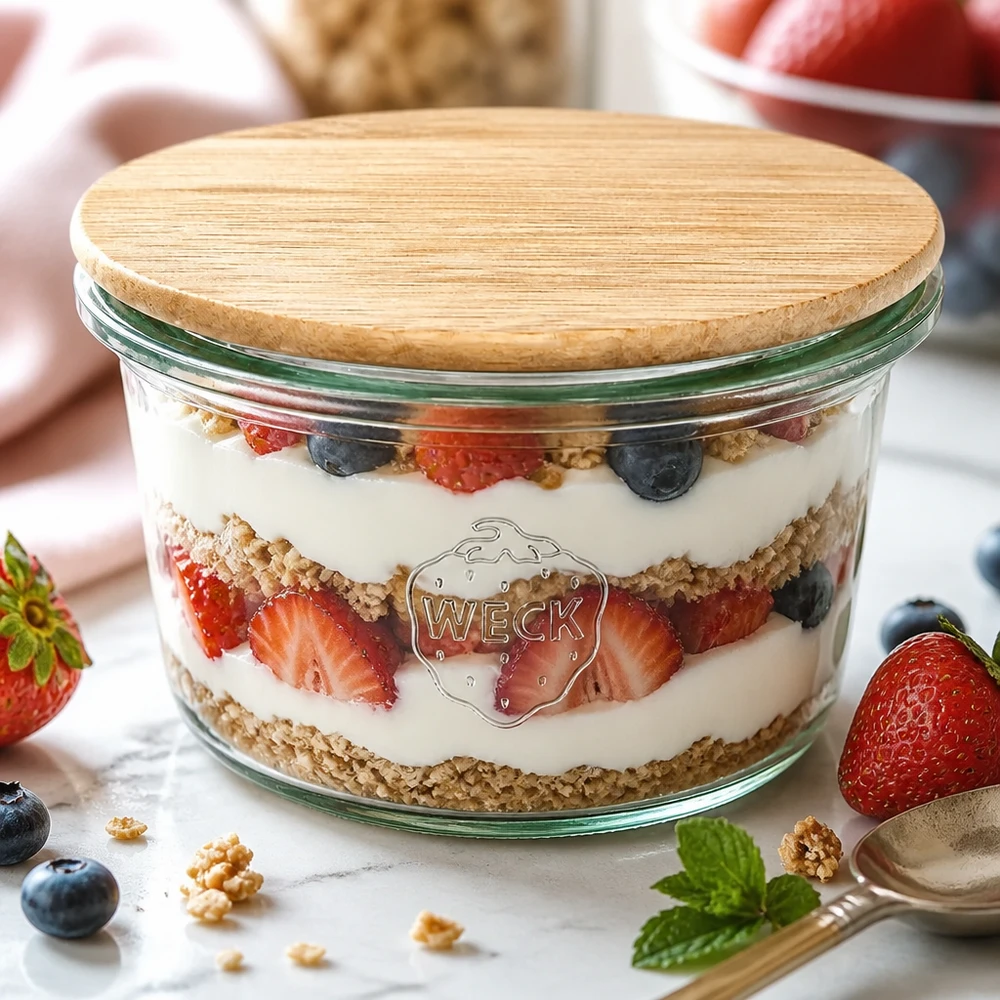 50ml Mini Sturzglas WECK RR60 mit Holzdeckel WECK Mini Sturzglas 50ml als Dessertschale mit Joghurt-Beeren-Schichtdessert und Bambusdeckel auf weißem Marmortisch