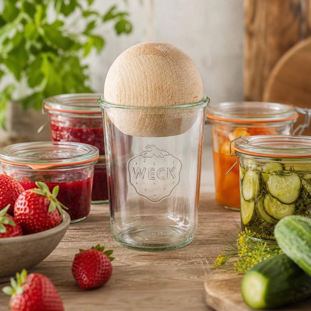 850ml Sturzglas WECK RR100 mit Holzkugel Buche WECK Sturzglas 850ml RR100 in Küchenszene mit Eingemachtem, Holzkugel-Deckel aus Buche, Einmachglas für Marmelade