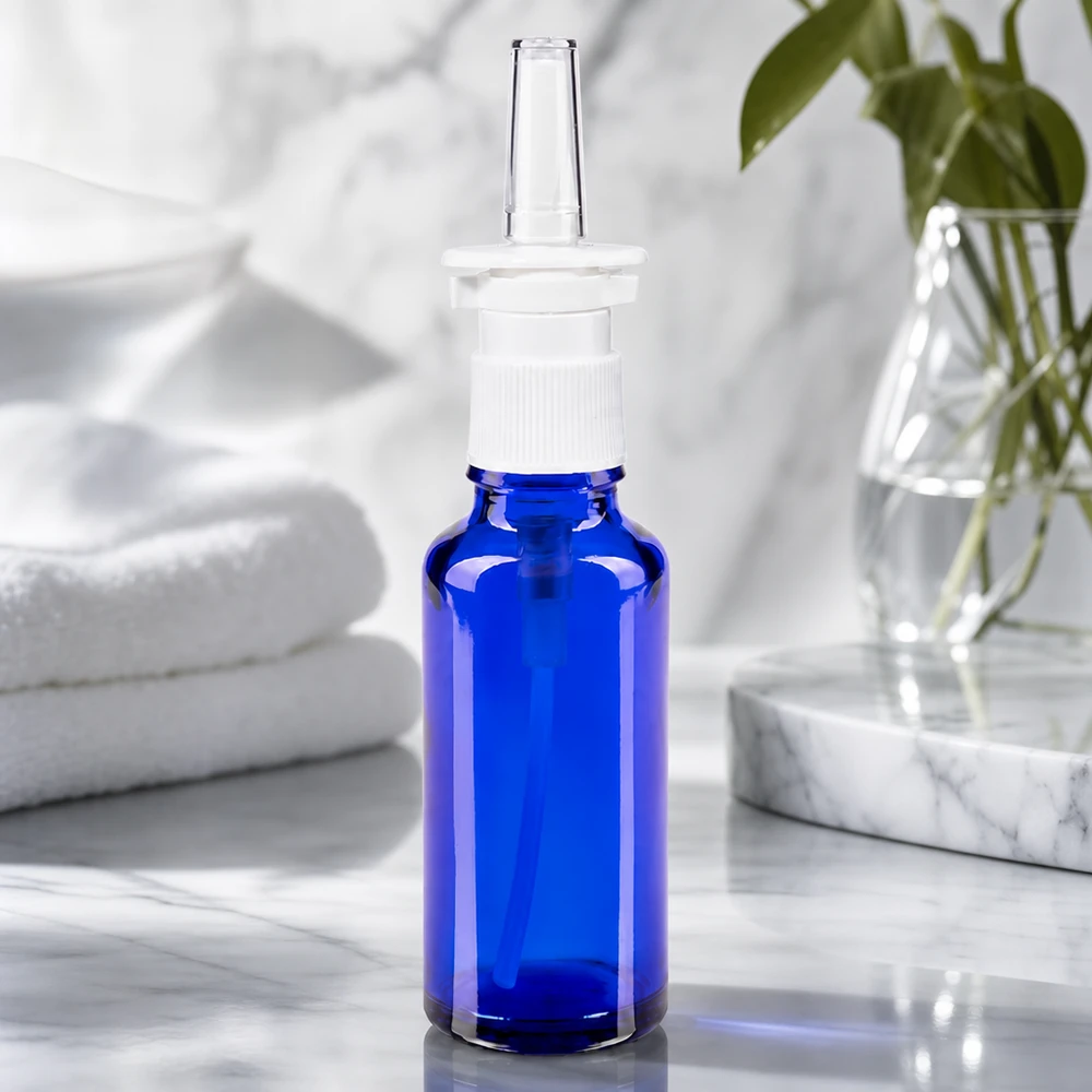 Apothekenflasche blau 30ml Nasenzerstäuber weiß Standard Blaue Rollrandflasche 30ml mit weißem Nasalsprühkopf klare Spitze Badezimmerdekoration