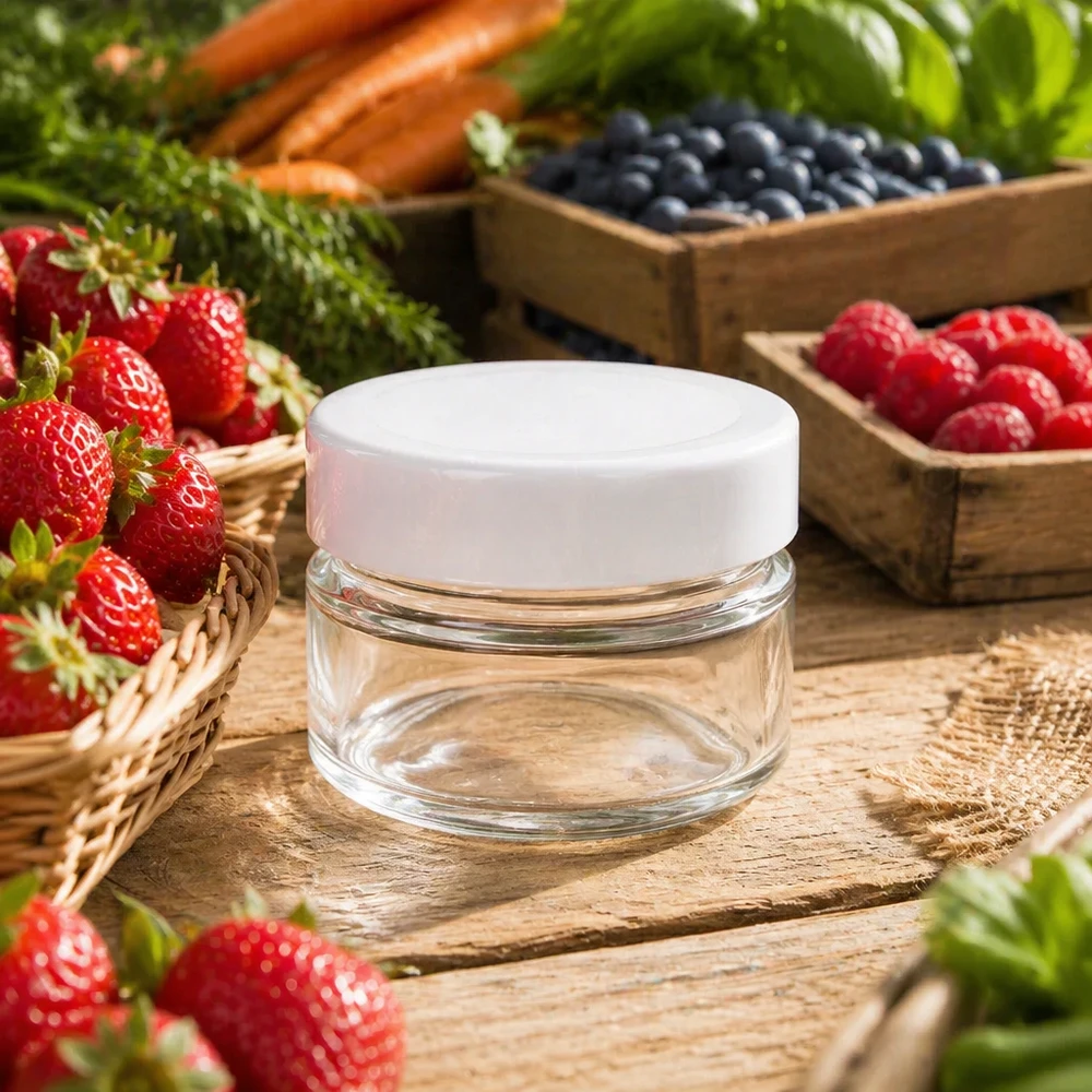80ml Rundglas mit weißem Deckel zwischen frischen Beeren - stilvolle Glasdose für natürliche Kosmetik und Cremes