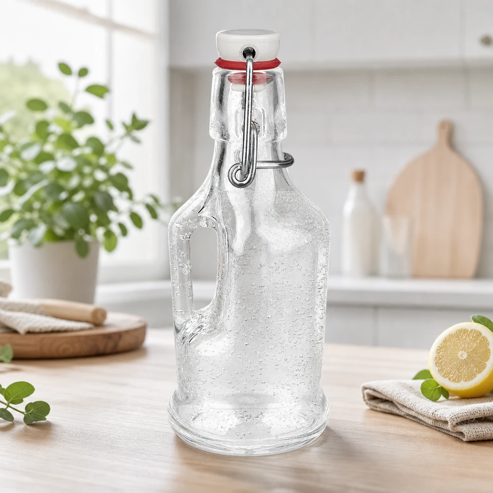 200ml Glasflasche "Bertha" + Porzellan Bügelverschluss UNiTW Leere 200ml Glasflasche Bertha mit Wassertropfen und weißem Porzellan Bügelverschluss auf Küchenarbeitsplatte UNiTW