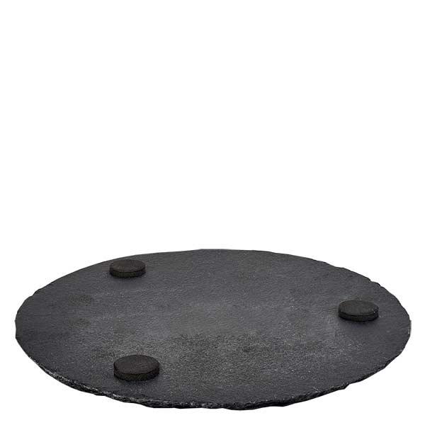 Servierplatte aus Schiefer rund ø150mm Schieferplatte rund 15cm mit drei schwarzen Gummifüßen für rutschfesten Stand auf weißem Hintergrund