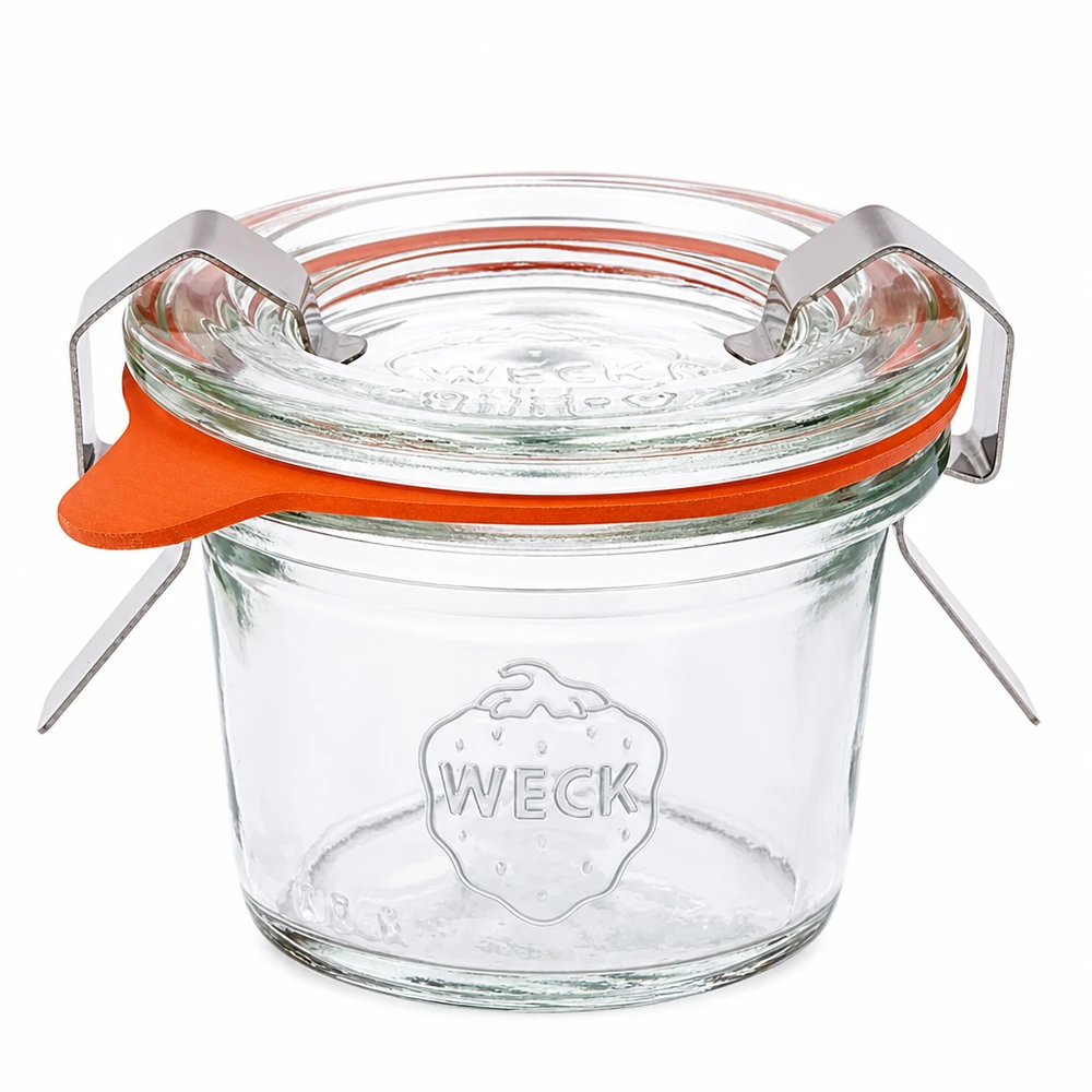 35ml Sturzglas komplett WECK RR40 WECK Sturzglas 35ml RR40 mit Glasdeckel Gummiring und Klammern für Einmachen und Konservieren