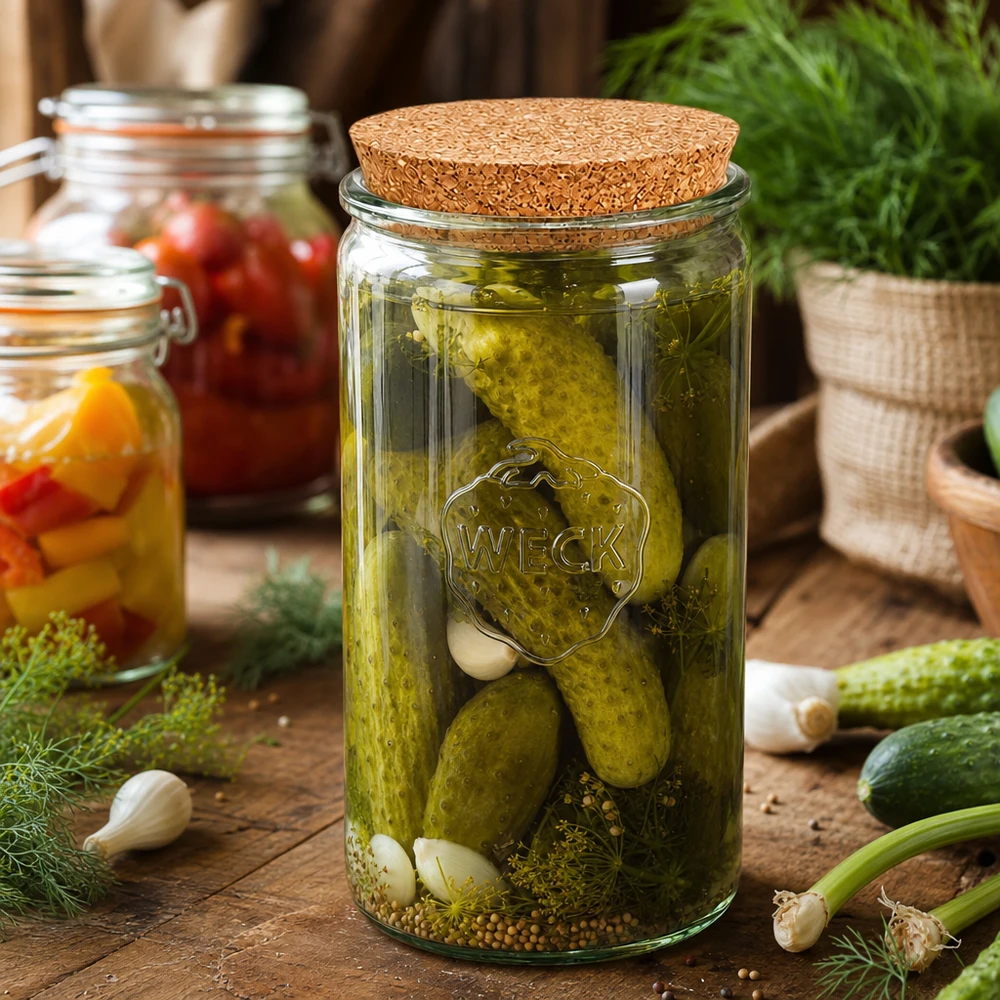 1590ml Zylinderglas WECK RR100 mit Korken natur WECK Einmachglas 1590ml mit Korkdeckel gefüllt mit eingelegten Gurken und Gewürzen auf Holztisch