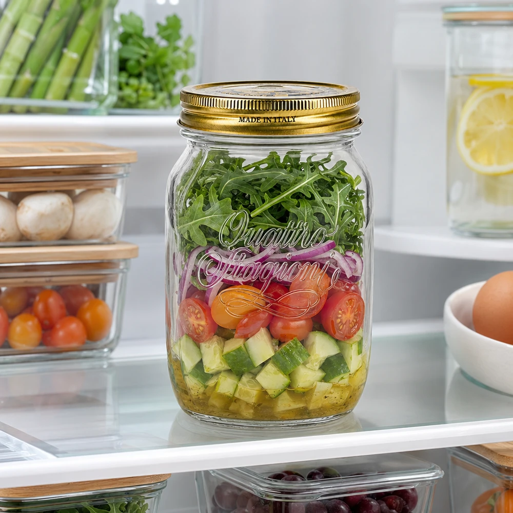 1000ml Rundglas "Quattro Stagioni" mit Deckel Quattro Stagioni 1000ml Einmachglas mit Schichtsalat Gemüse Arugula im Kühlschrank italienisches Konservenglas