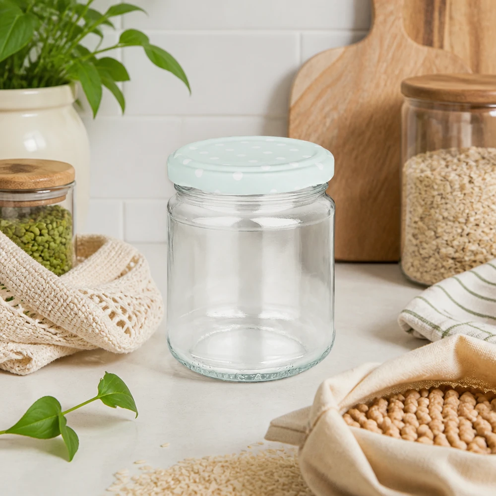 212ml Rundglas leer mit mint BasicSeal Deckel Punkte, Zero Waste Küche mit nachhaltigen Vorratsgläsern und Hülsenfrüchte