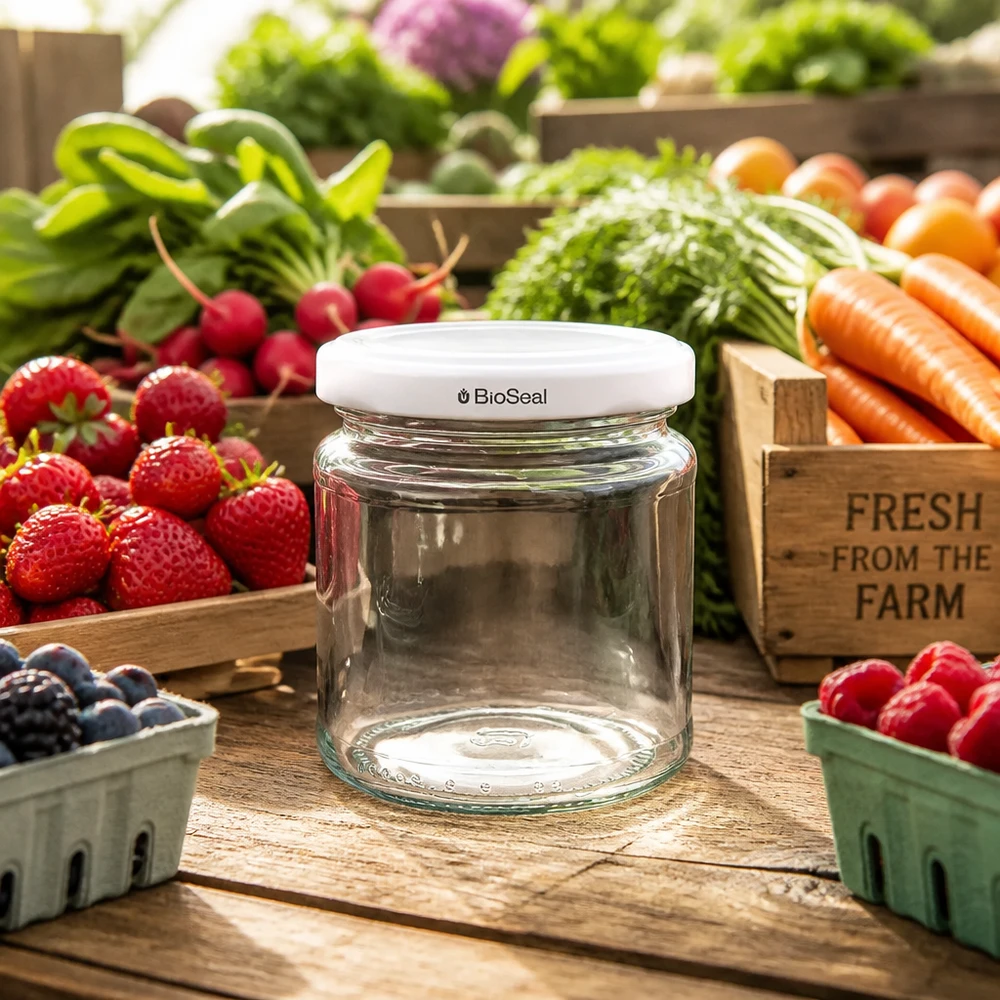 212ml Rundglas mit BioSeal Deckel weiß UNiTWIST UNiTWIST Runda212 Einmachglas zwischen frischem Obst und Gemüse auf rustikalem Holztisch im Bauernmarkt-Stil