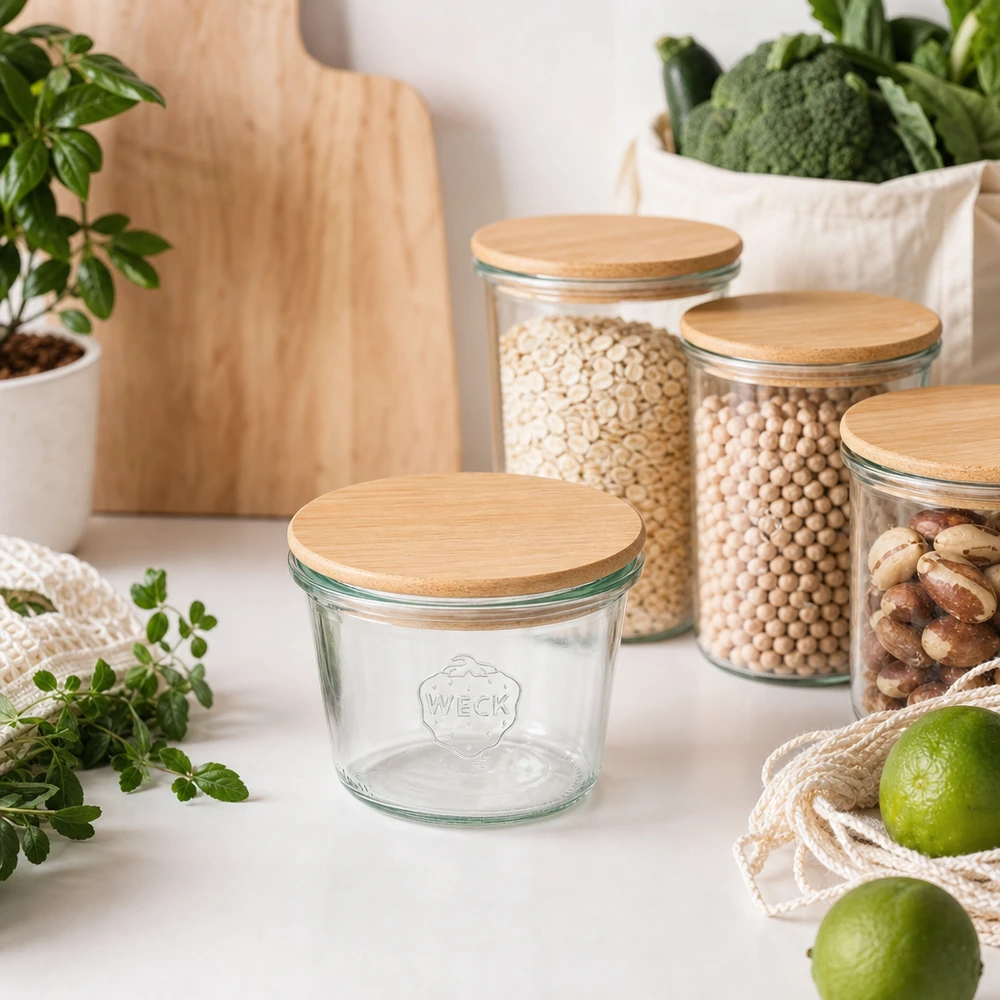 370ml Sturzglas WECK RR100 mit Holzdeckel WECK RR100 Sturzglas 370ml mit Bambusdeckel in nachhaltiger Kücheneinrichtung mit Vorratsgläsern und Bio-Lebensmitteln