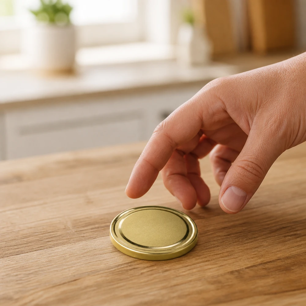 UNiTWIST TO66 Einmachdeckel gold BioSeal unitemp liegend auf hellem Holz Draufsicht