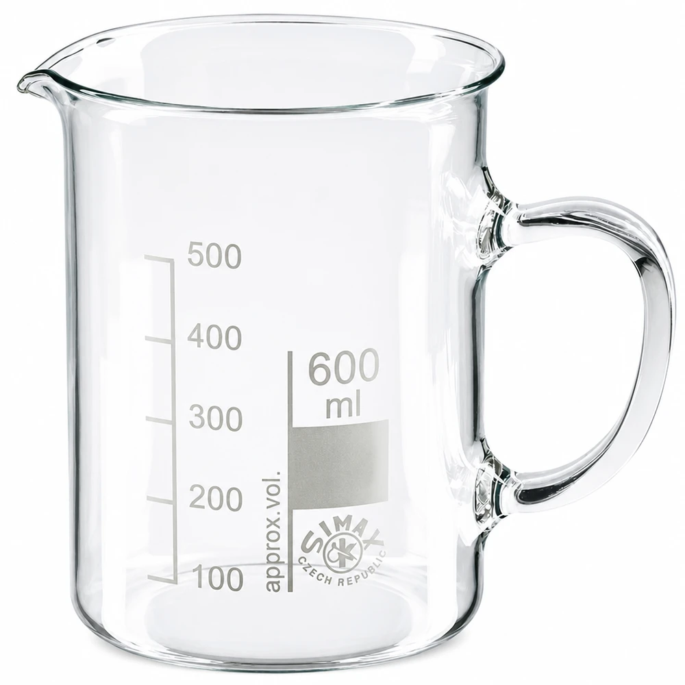 Becherglas 600ml Borosilikatglas, mit Henkel SIMAX Becherglas 600ml Borosilikatglas mit Henkel Messskala und Ausguss