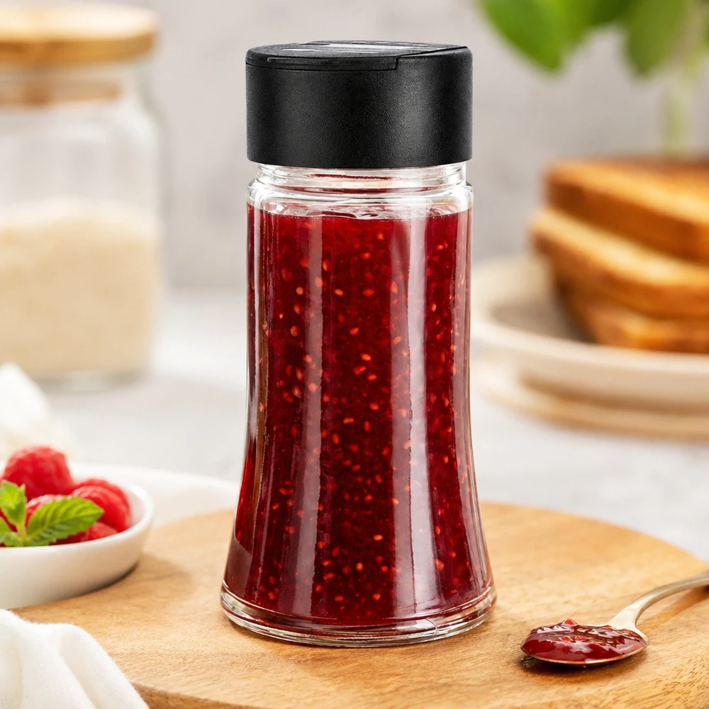 Vielseitiges Glas 95ml für Marmelade und Gewürze mit Doppelstreuer für Küche und Frühstück
