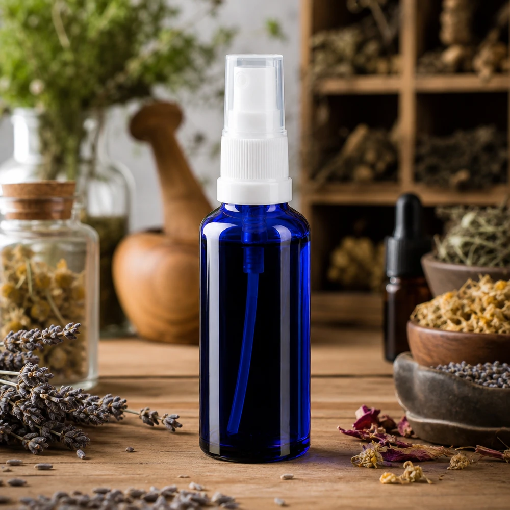 Apothekenflasche blau 10ml Sprayaufsatz schwarz Kompakte blaue Sprühflasche aus Apothekerglas mit schwarzem Steigrohr für Aromatherapie