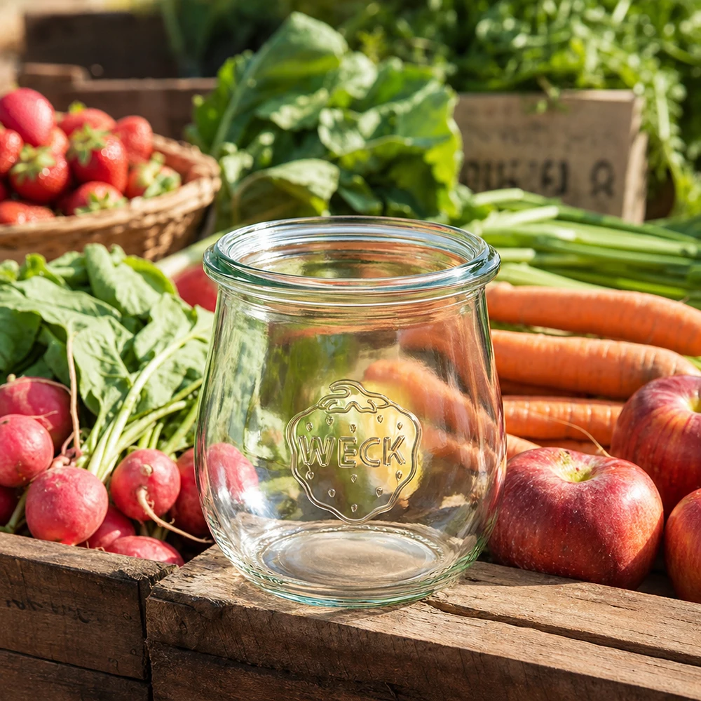 220ml Tulpenglas WECK RR60 WECK Tulpenglas 220ml RR60 leer zwischen frischem Gemüse Obst auf Holzkiste rustikale Küchen-Atmosphäre