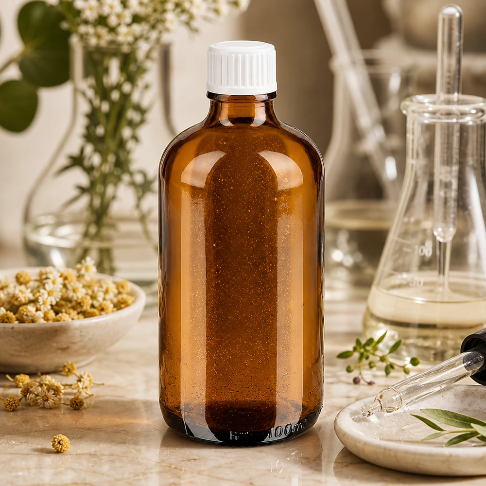 Apothekenflasche braun 100ml Schraubverschluss weiß Standard Braune UV-Schutzflasche 100ml Apothekenglas mit weißem Deckel und Kamillenhintergrund