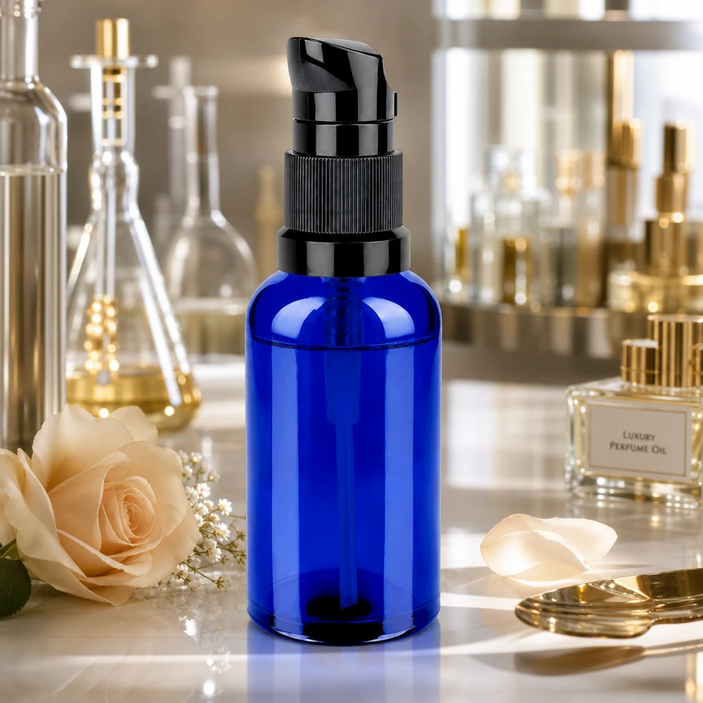 Premium 50ml Pumpflasche in mattem Blau mit schwarzer Pumpe STD BlueLine UT18/50