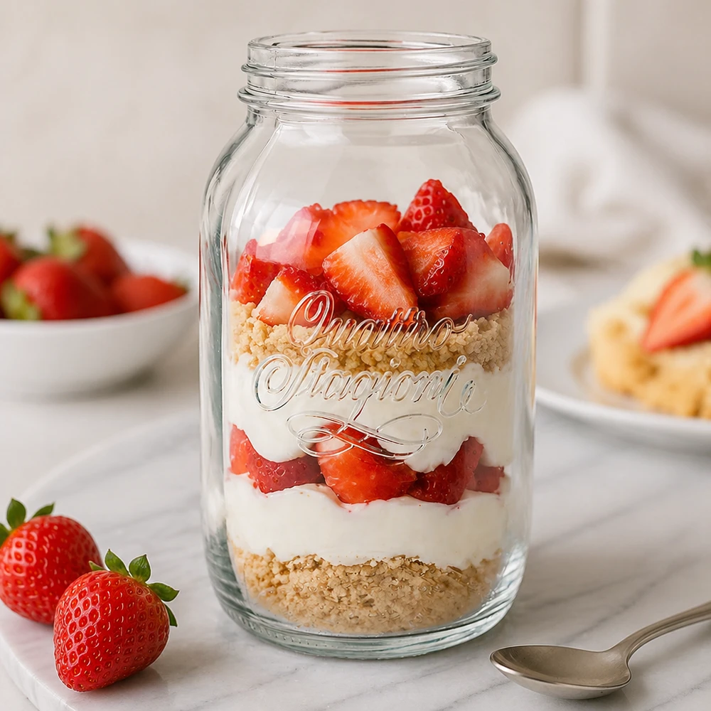 1500ml Rundglas "Quattro Stagioni" QS86mm Quattro Stagioni 1500ml Einmachglas mit Schichtdessert aus Erdbeeren und Creme - perfekt für Meal Prep und Aufbewahrung