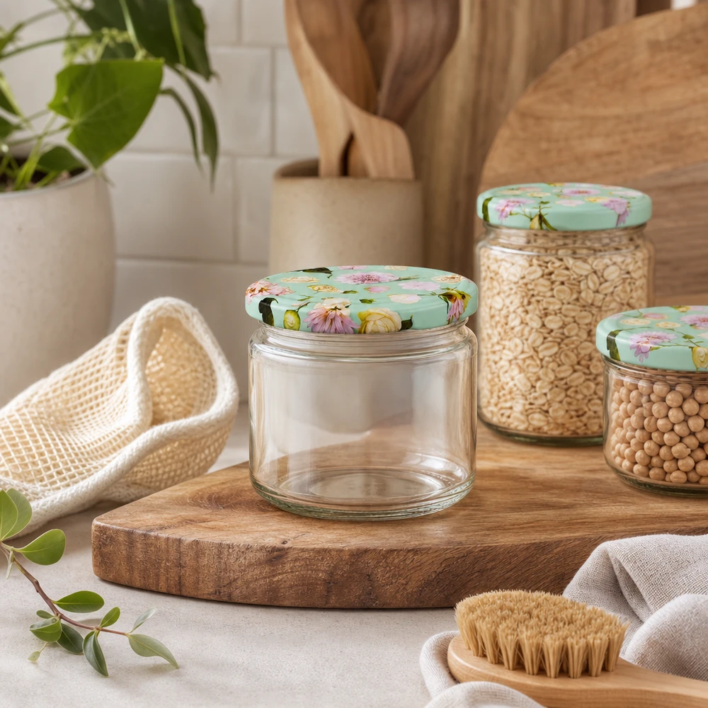 330ml Rundglas mit BasicSeal Deckel Blume mint leer auf Holzbrett neben Hülsenfrüchten und Küchenhelfer